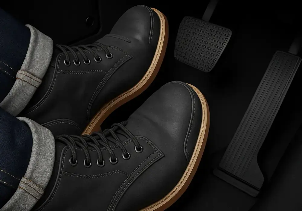 Persona usando botas negras pisa los pedales del freno y embrague